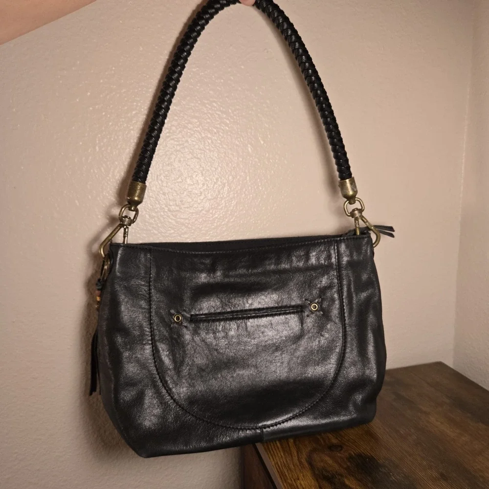 The Sak Indio Leather Hobo Shoulder Bag Womens‎ Medium Black Braided Boho Zip
